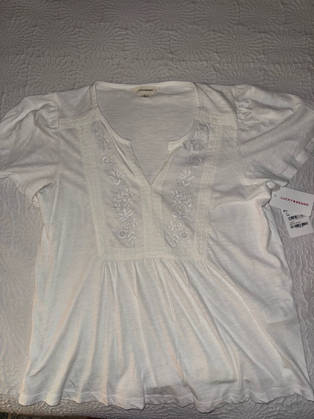 Lucky Brand White Embroidered Split-Neck Peasant Top